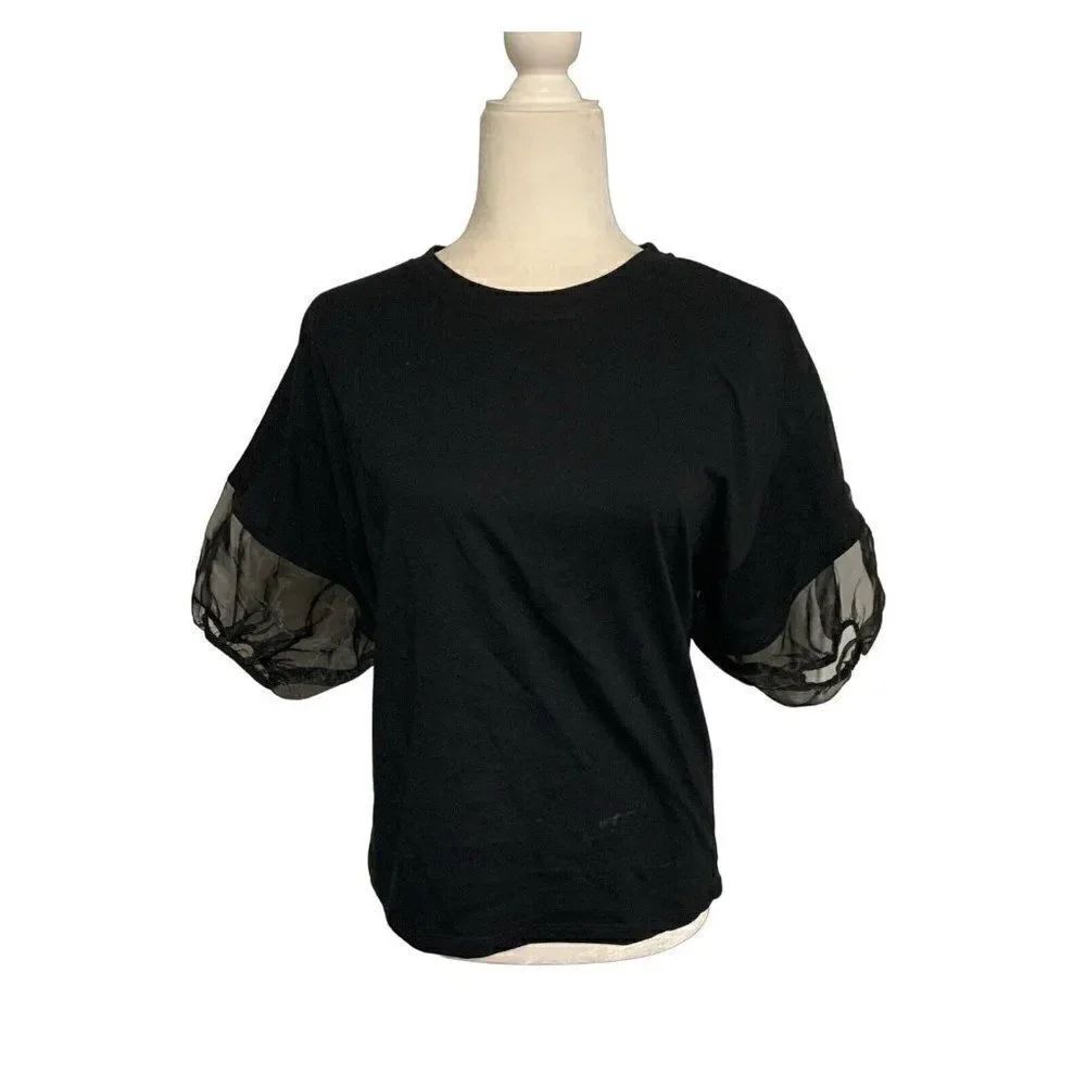 zara womens solid black Crew Neck Bell short sleeve top t shirt small